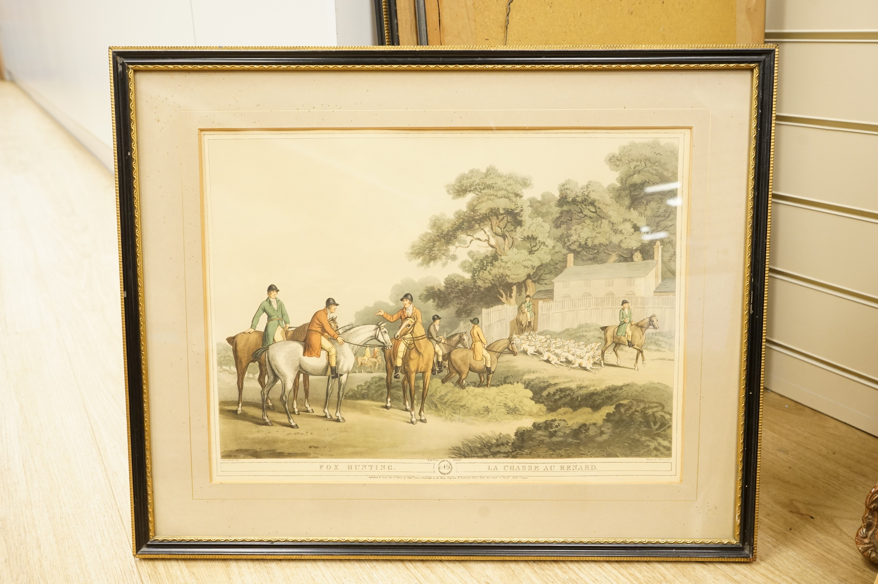 After Samuel Howitt (1756-1822), Fox hunting scenes, set of four colour prints, together with a set of five smaller examples after the same artist, largest 32 x 44cm